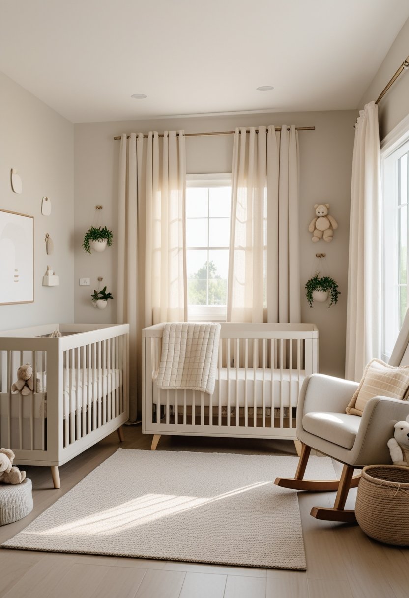 A cozy baby boy nursery with a crib, rocking chair, teddy bear toys, and soft neutral colors.
